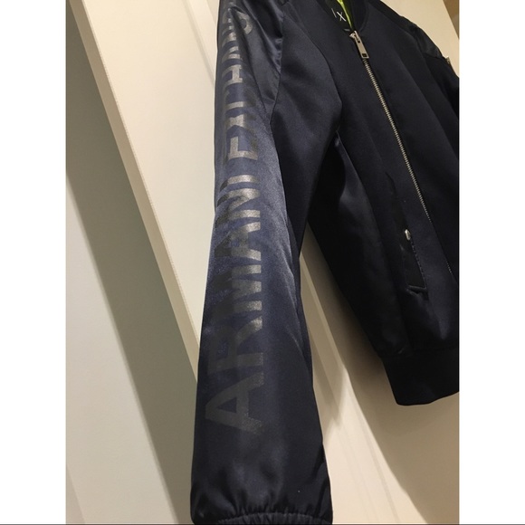 Armani Exchange Men’s Navy Neon Green Lining Neoprene Utility Bomber Jacket - Picture 8 of 15